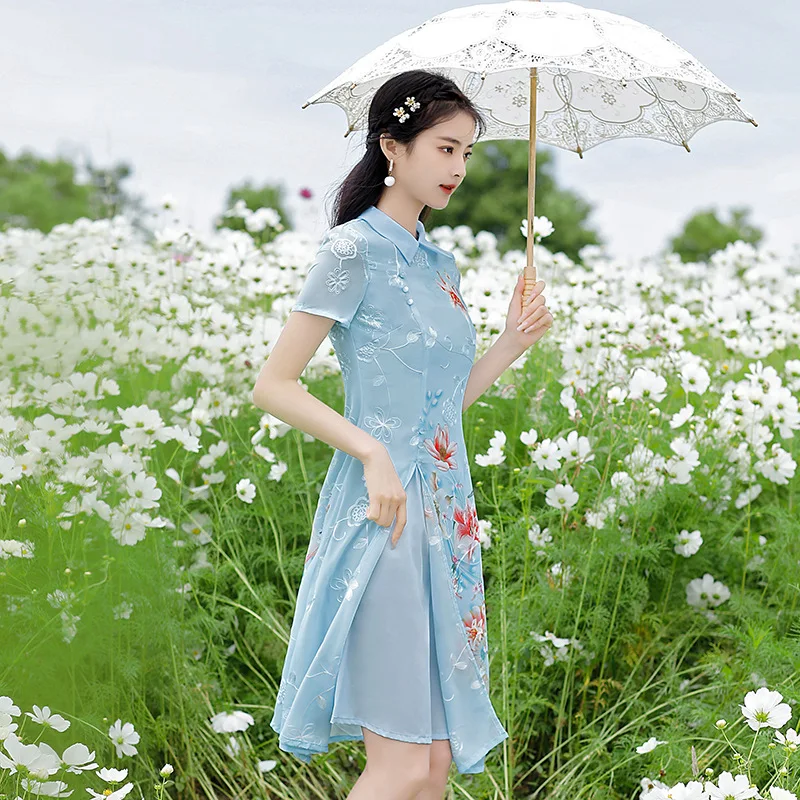 2023 Пролет-лято Китайски Чонсам за жени, алуминиеви композитни панели лейси бродерия на яката-часова, ретро дрехи, ципао за жените, на младите момичета