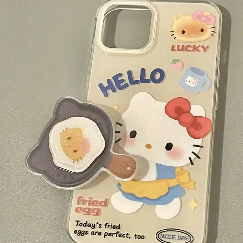 Cartoony Сладък калъф за телефон Iphone14 Hello Kitty Fried Eggs Въртяща се скоба 13Mini 12Promax Мека обвивка Защитен ръкав Xr 7 8Plus
