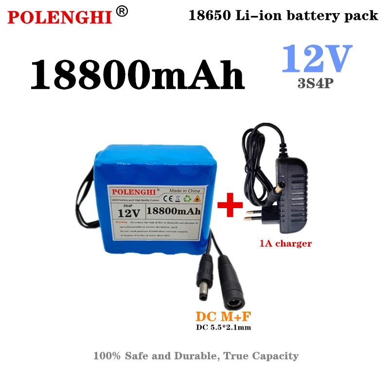 POLENGHI 3S4P 12V 18.8 Ah 18650 литиево-йонна батерия 12.6 V 18800 mAh Met-Bms Bescherming печатна платка постоянен ток 5.5*2.1 мм + зарядно устройство 1A
