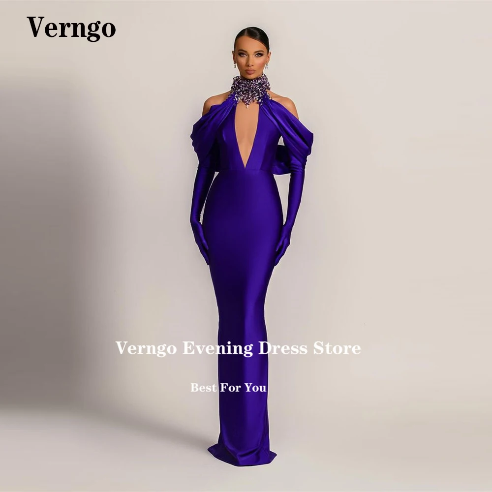 Verngo Елегантни вечерни рокли на Русалка от виолетов сатен, кристални мъниста, женски рокли за бала в Дубай с високо воротом, официално парти 2023 година