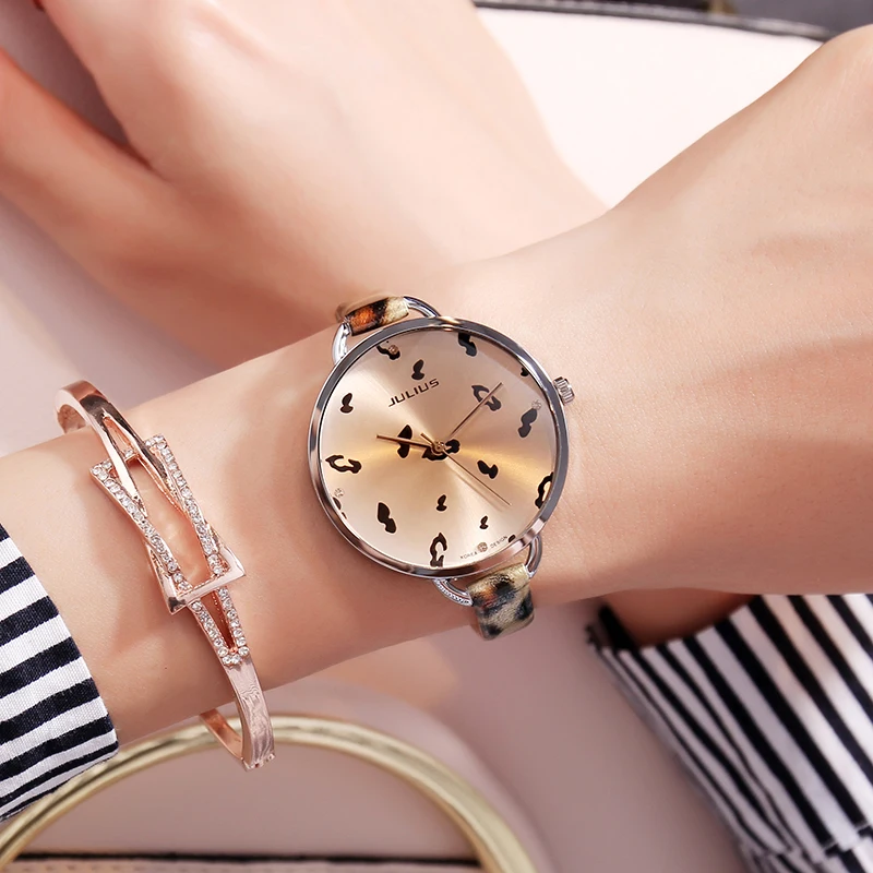 Безплатен резервен стомана каишка Дамски часовници Julius Lady, японски кварц, леопардовый принт, голям модерен гривна за часовници от естествена кожа, подарък за момиче