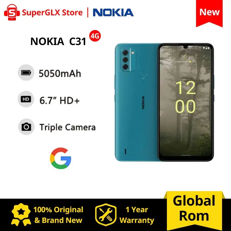 В присъствието на Nokia C31 4G с 6,74-инчов HD + дисплей, 4 GB оперативна памет, 64/128 GB Памет, 13-Мегапикселова Тройната камера, Две СИМ-карта, батерия 5050 ма, Android 12