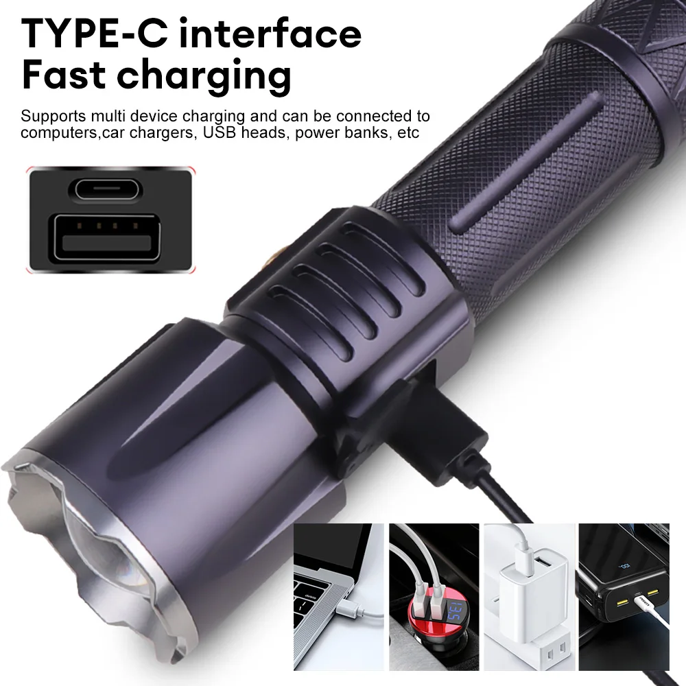 Дальнобойный изстрел на 1500 М Мощни led светлини Тактически ловен фенер Походный фенер USB Lanterna Водоустойчив самоотбрана