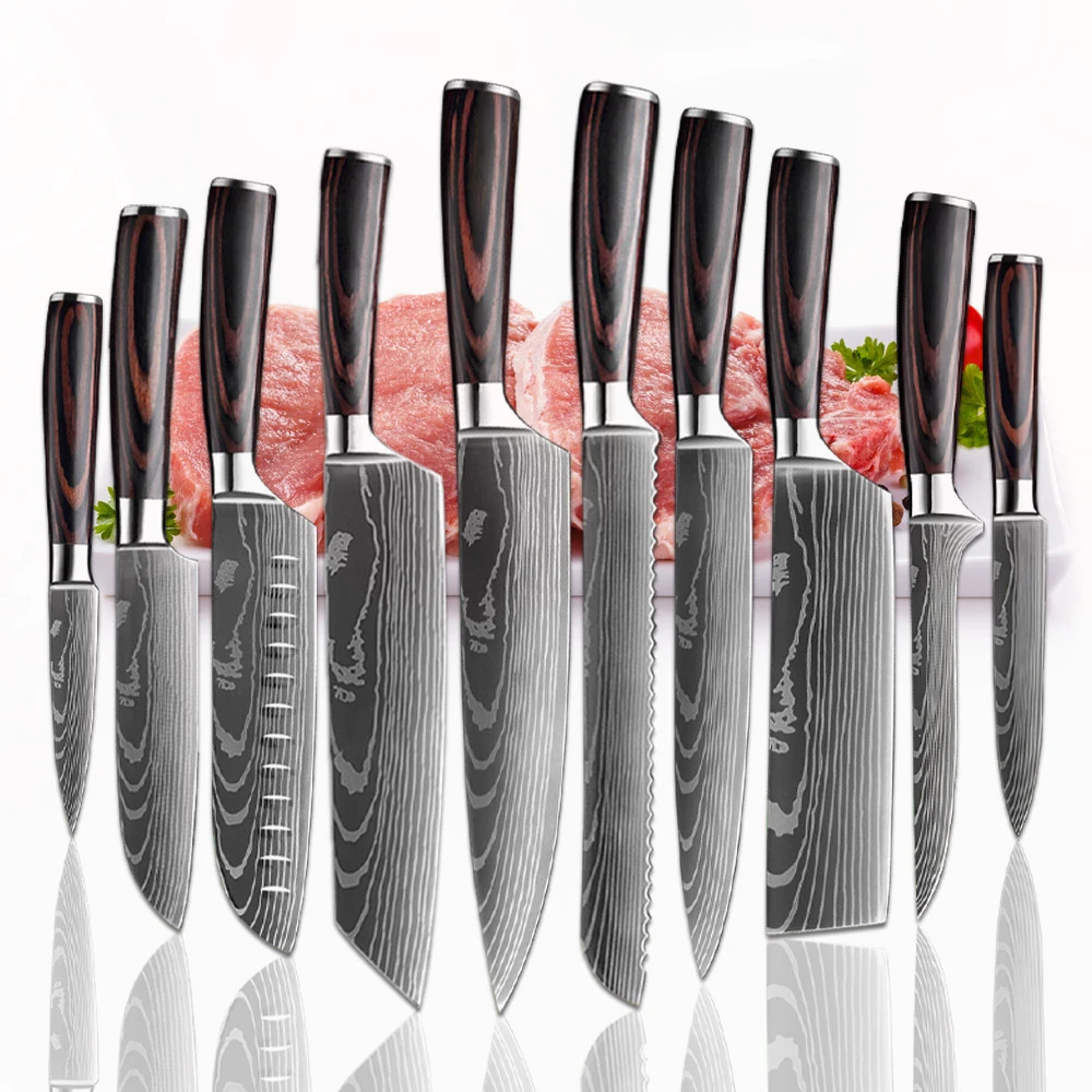 Комплект кухненски ножове Нож за рязане на месо Нож на главния готвач от неръждаема стомана за плодове, зеленчуци, хляб, Нож Сантоку, Комплект кухненски ножове с дамасским модел
