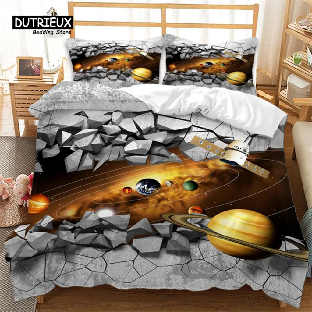 Комплект Пододеяльников за Пуховых Одеяла Galaxy Twin King Queen Вселената Звездното Небе Планета Комплект Постелки От Микрофибър 3D Broken Space Series Стеганое Одеяло