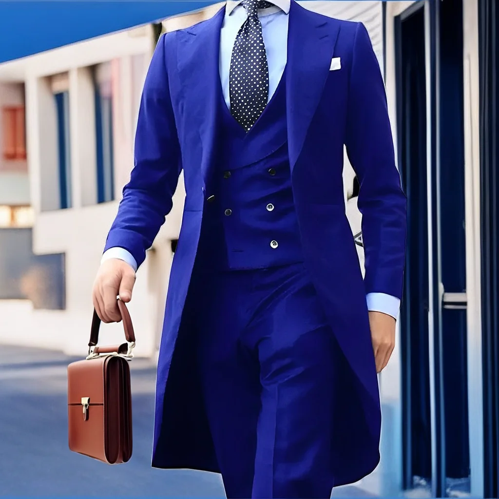 Кралско синьо с дълъг фрак от 3 теми, Джентълменско мъжки костюм за пушачи, Модни Маскарадная облекло за Джакпот, Бала, Костюм с качулка