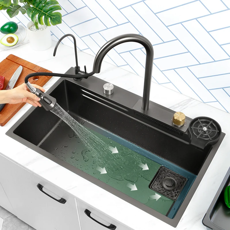 Кухненска мивка от неръждаема стомана 304, черен Нано, мивка с водопад, голяма Однослойная мивка с водопадным крана За ремонт на кухня