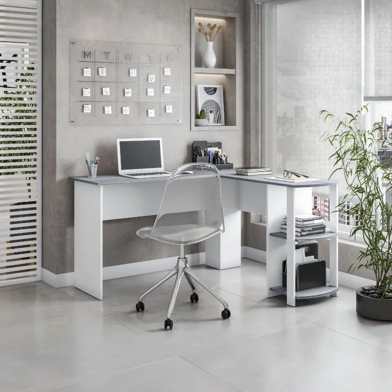 Модерен Г-образно бюро със Странични рафтове Сив цвят