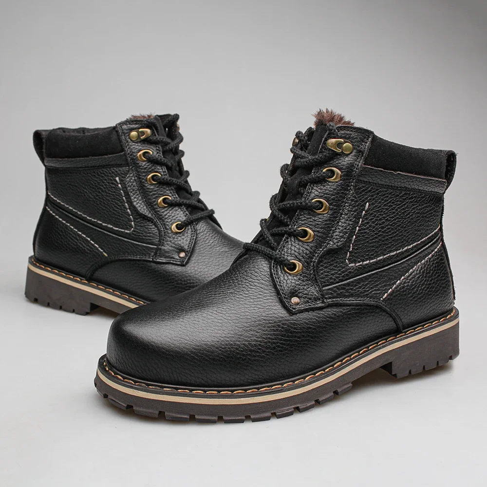 Мъжки зимни обувки от естествена кожа, Топло Естествена кожа, мъжки Зимни обувки на платформа, защитни обувки, мъжки обувки