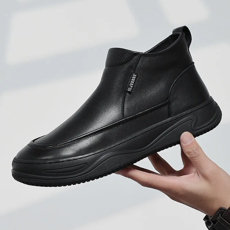 Мъжки топли ежедневни памучни обувки с висок берцем отвътре, нова мода дизайнерски есенно-зимни обувки от черна телешка кожа за мъже