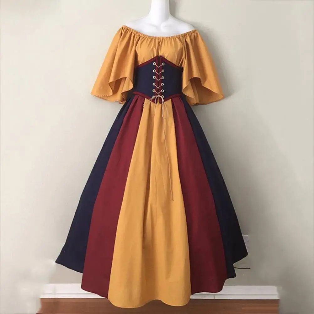 Рокля контрастиращи линии, средновековна винтажное на макси рокля с разлетающимся ръкав и отворени рамене, плиссированный дизайн за дамски партита в чест на Хелоуин